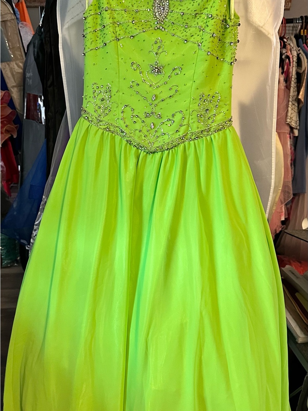 Girls Neon Lime Beaded Ball Gown Dress